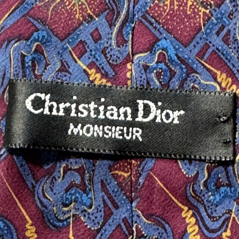 Christian Dior Tie Mens OS Burgundy Blue Abstract Silk Vintage Designer Academic